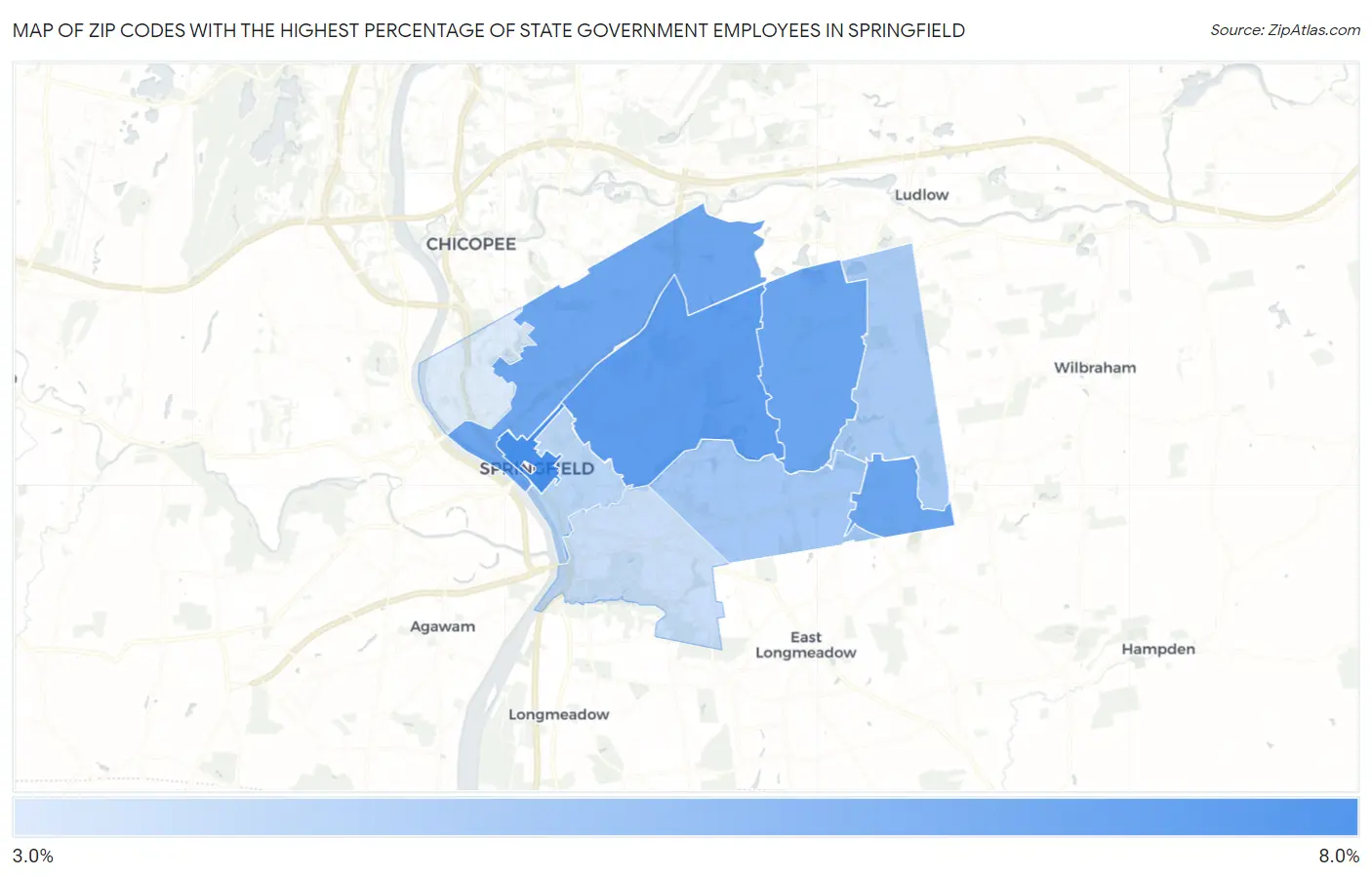 Zip Codes with the Highest Percentage of State Government Employees in Springfield Map