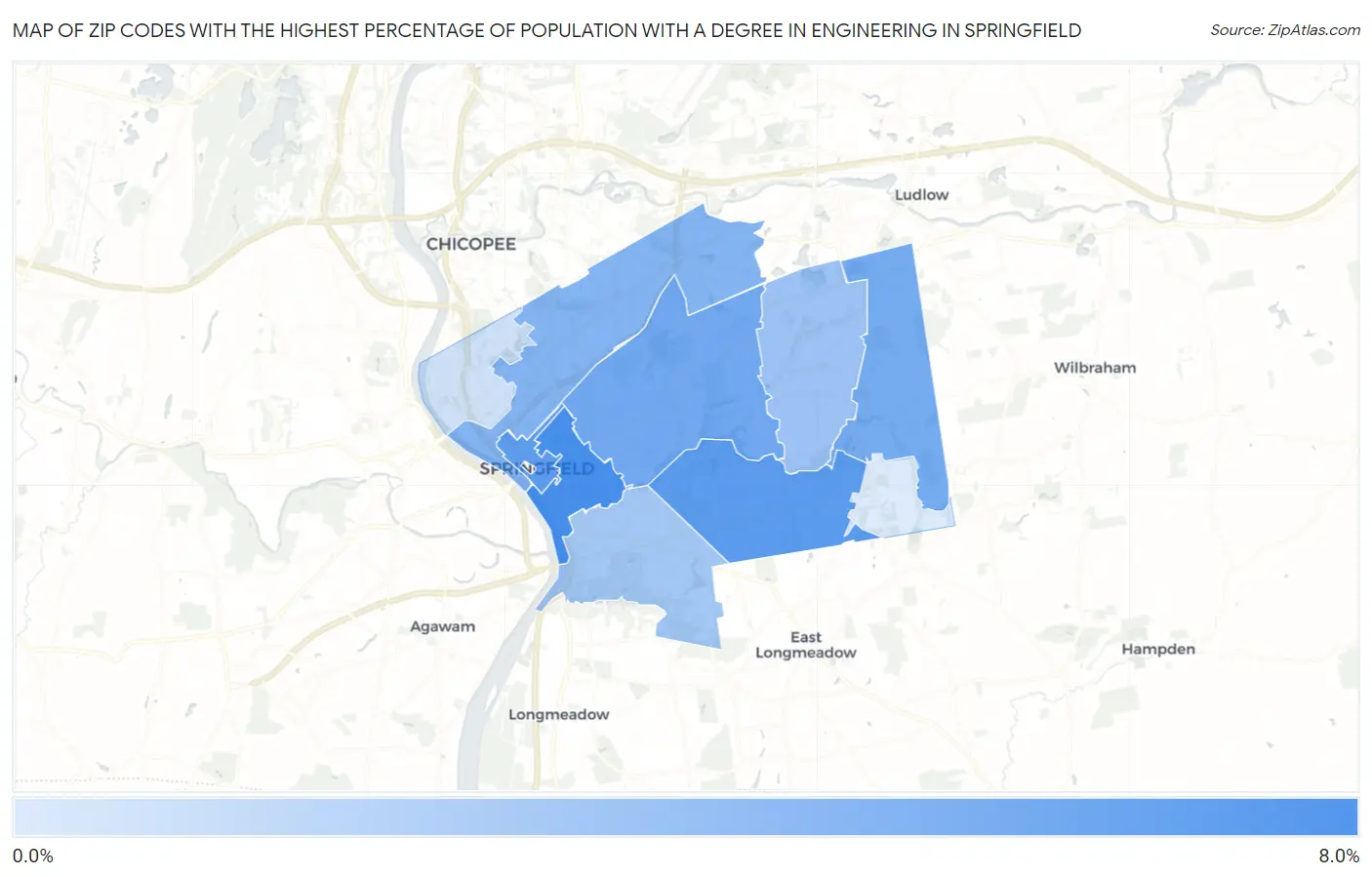 Zip Codes with the Highest Percentage of Population with a Degree in Engineering in Springfield Map