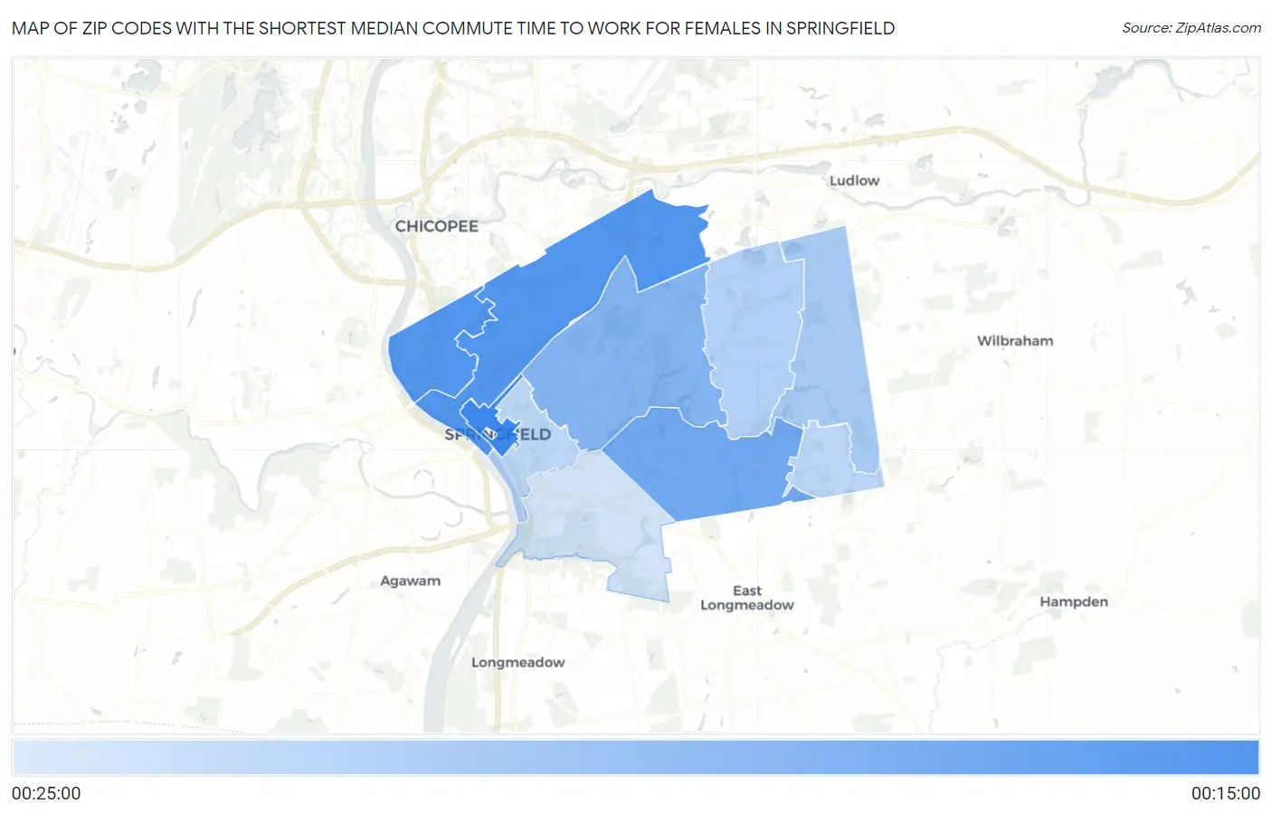 Zip Codes with the Shortest Median Commute Time to Work for Females in Springfield Map