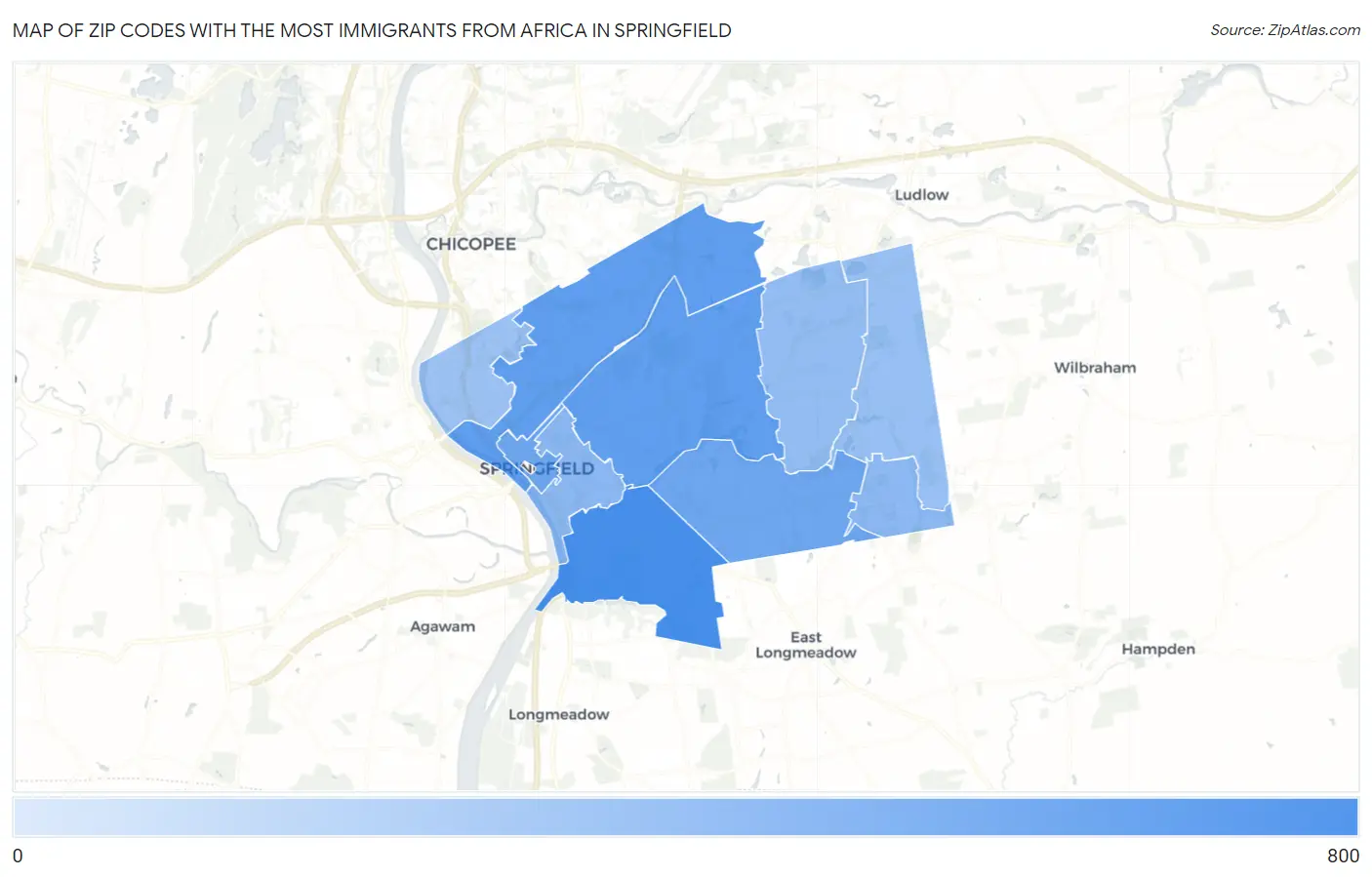 Zip Codes with the Most Immigrants from Africa in Springfield Map