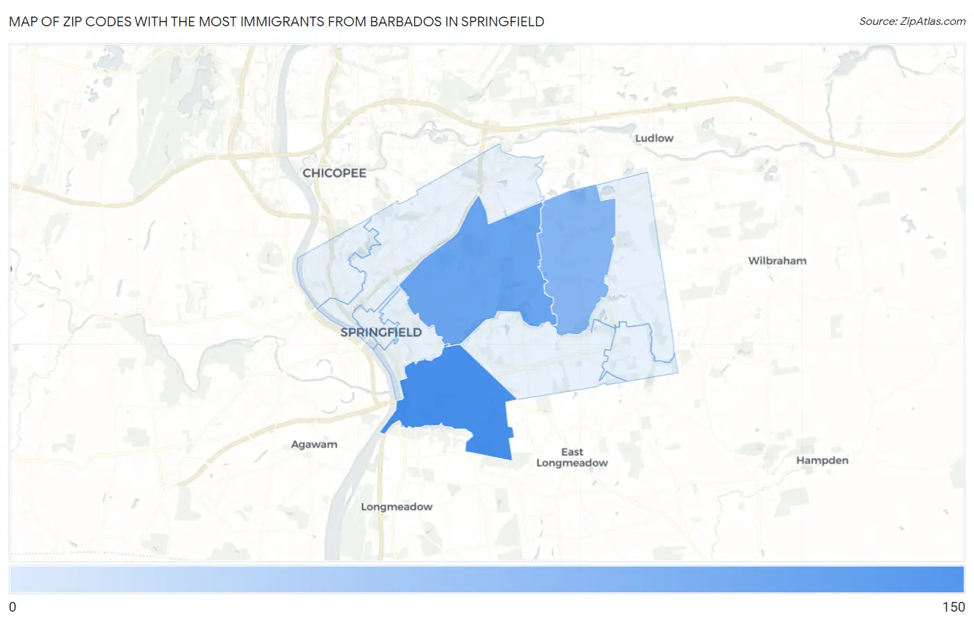 Zip Codes with the Most Immigrants from Barbados in Springfield Map