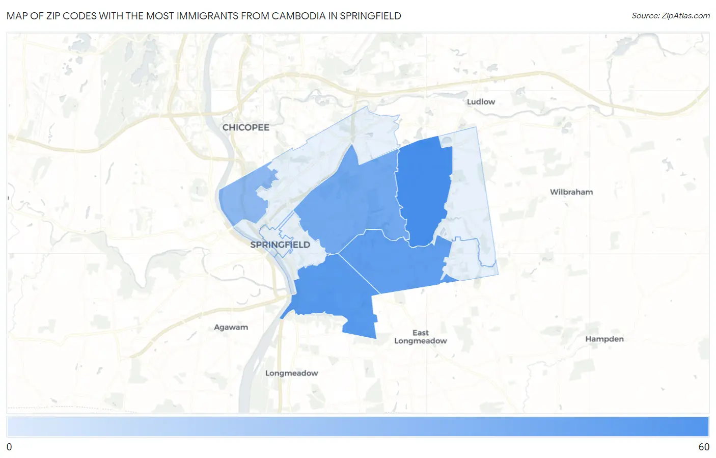 Zip Codes with the Most Immigrants from Cambodia in Springfield Map