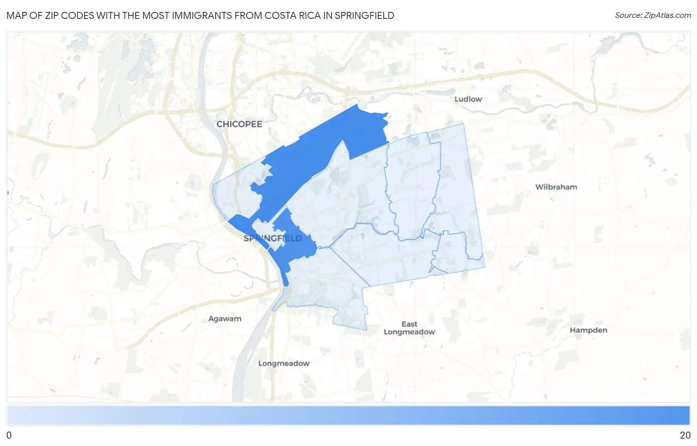 Zip Codes with the Most Immigrants from Costa Rica in Springfield Map