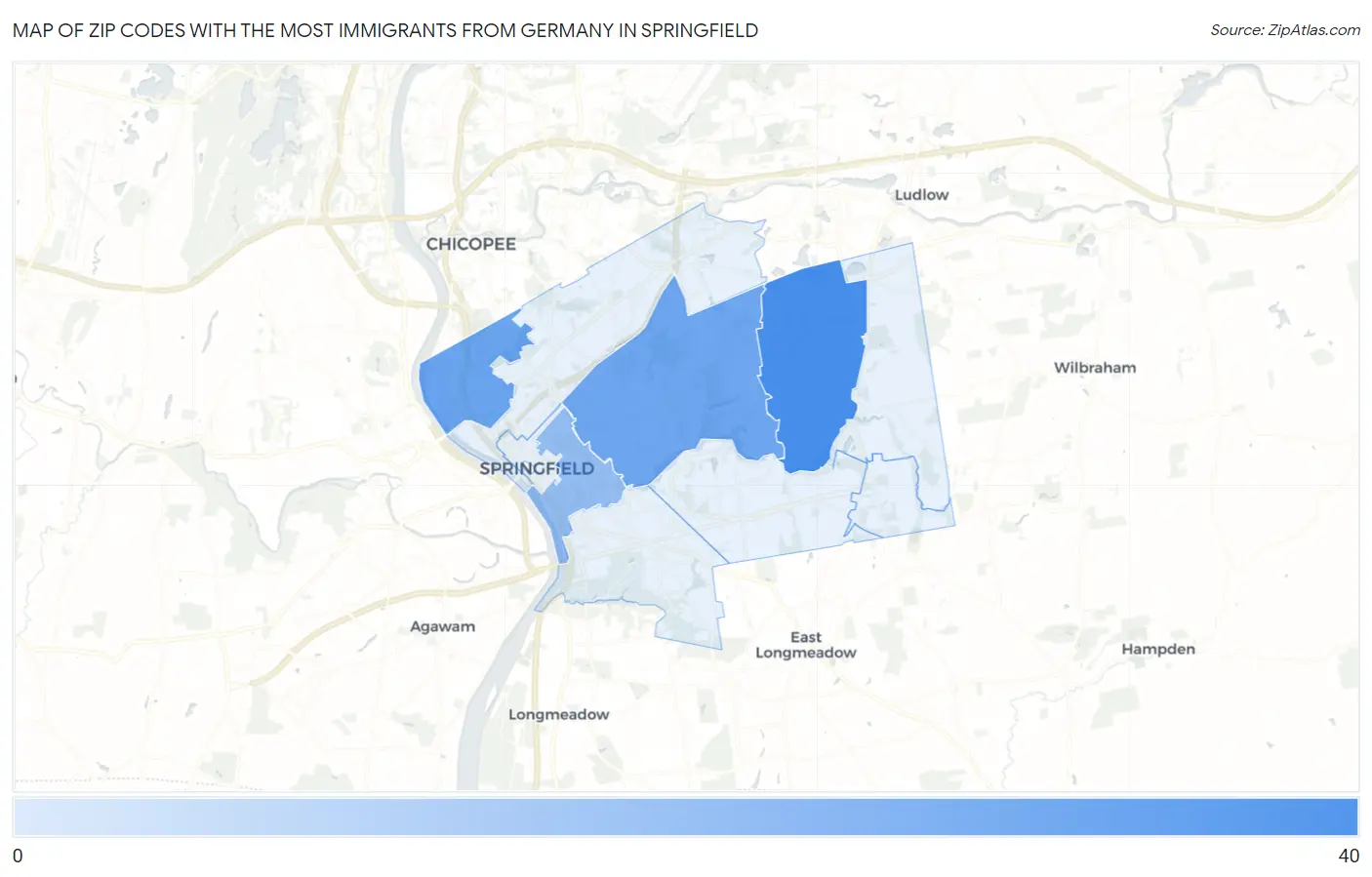 Zip Codes with the Most Immigrants from Germany in Springfield Map