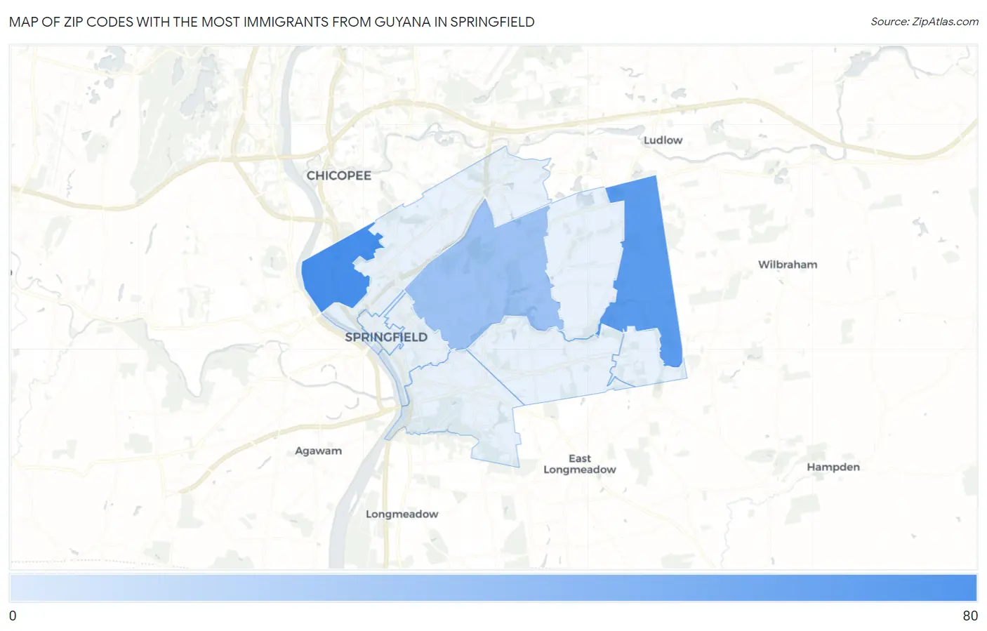Zip Codes with the Most Immigrants from Guyana in Springfield Map