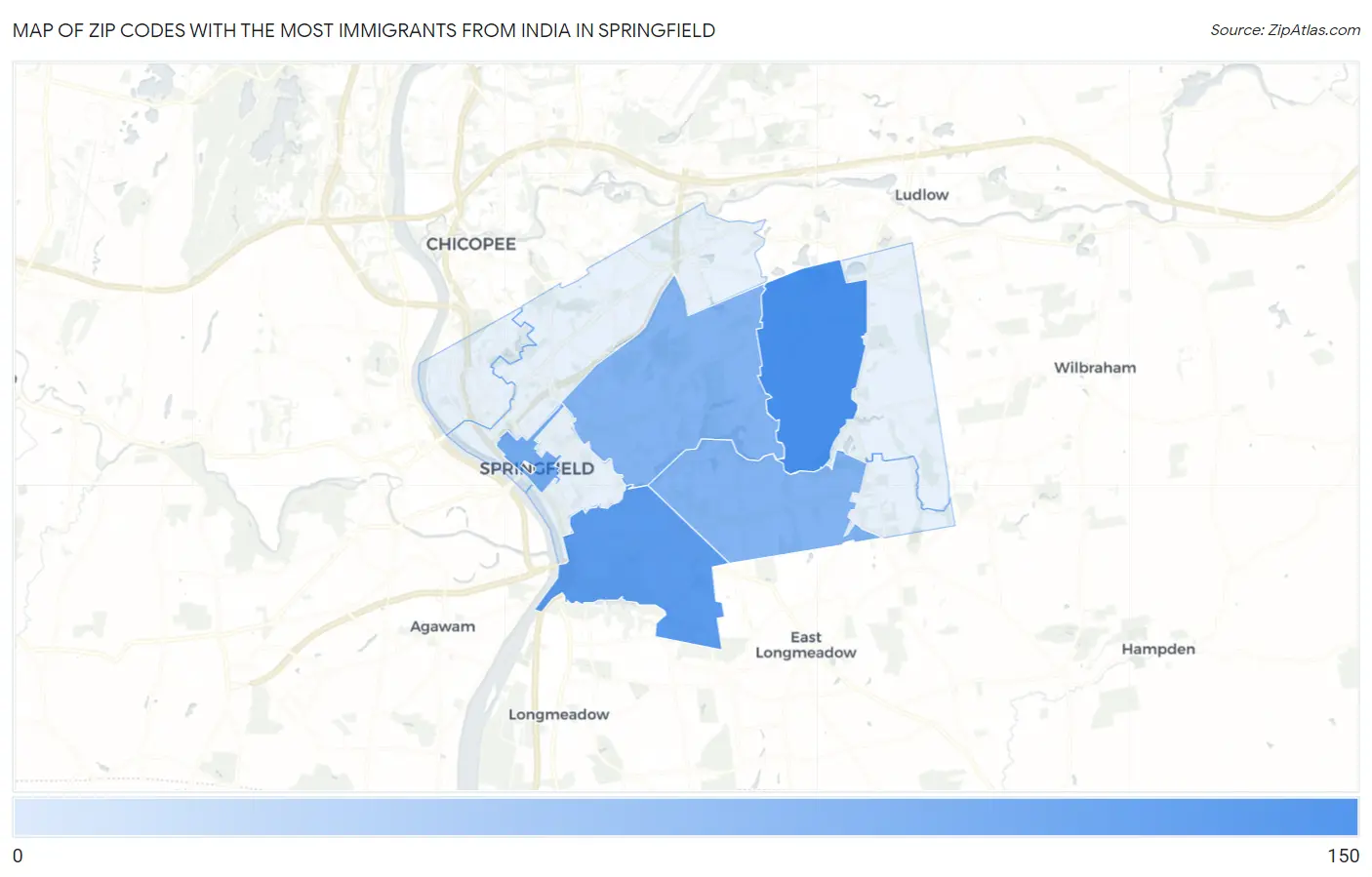 Zip Codes with the Most Immigrants from India in Springfield Map