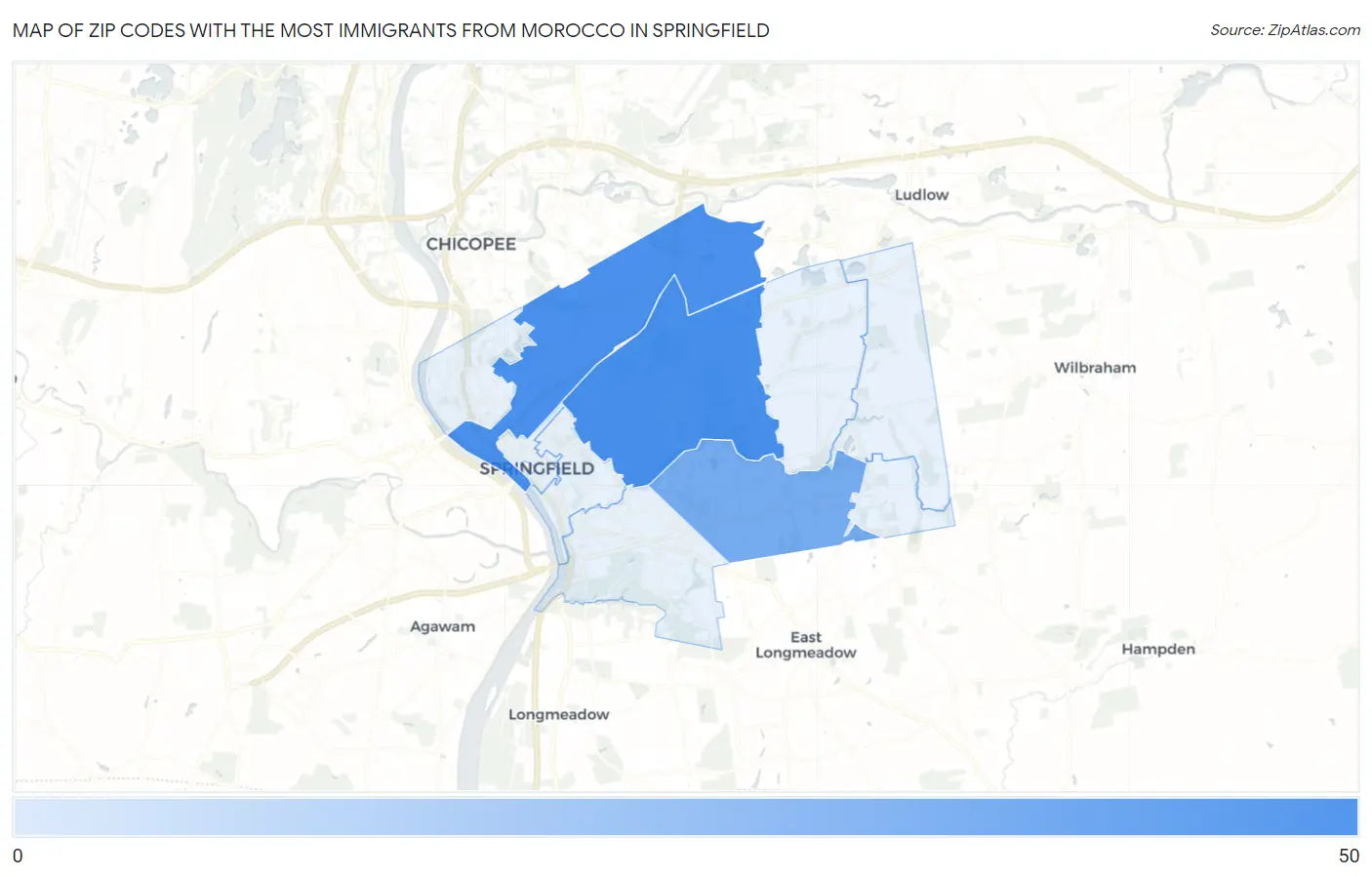 Zip Codes with the Most Immigrants from Morocco in Springfield Map