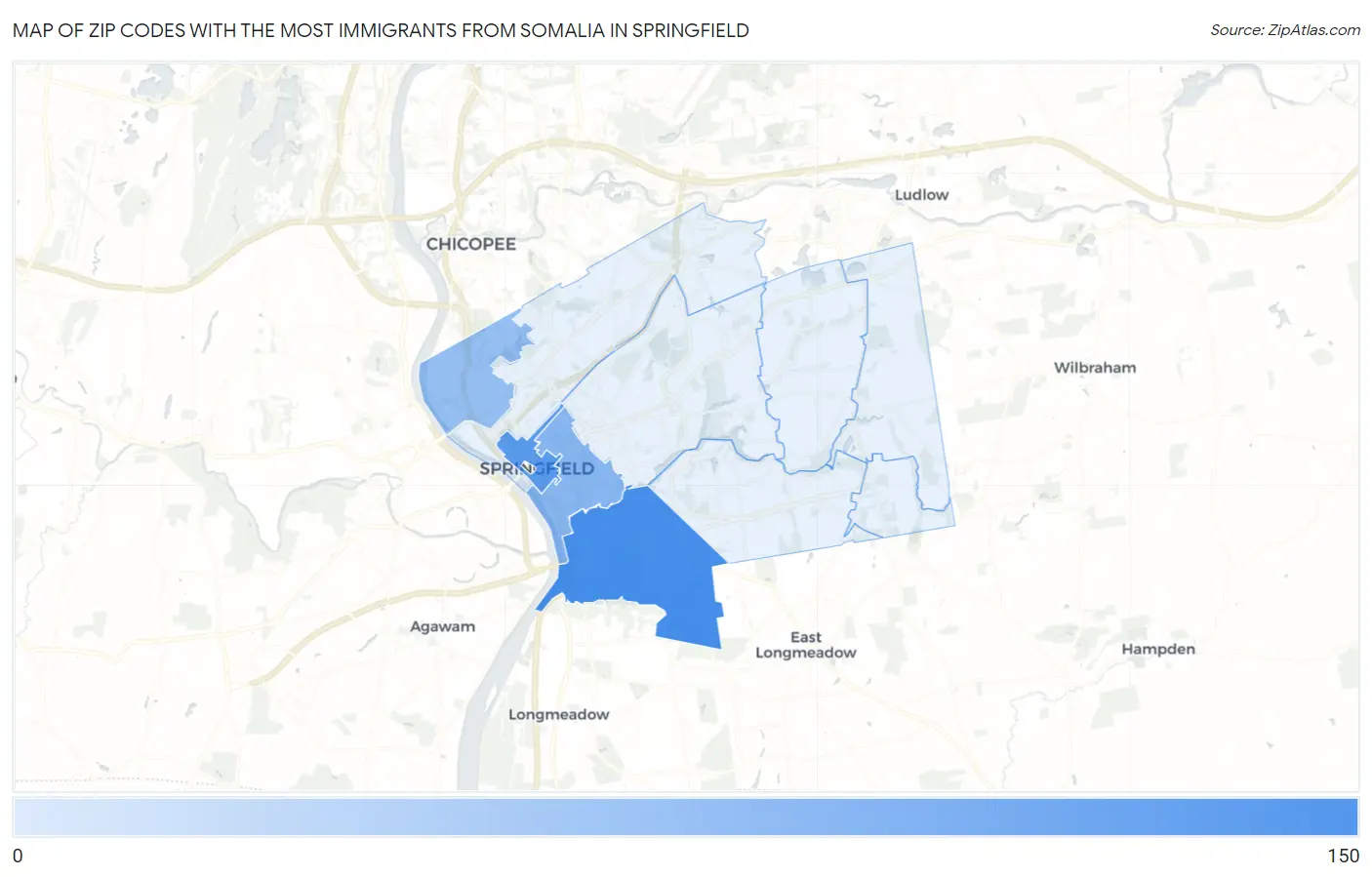 Zip Codes with the Most Immigrants from Somalia in Springfield Map
