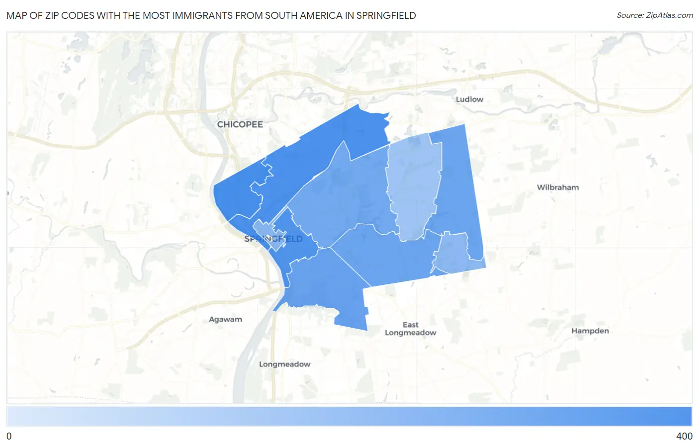 Zip Codes with the Most Immigrants from South America in Springfield Map