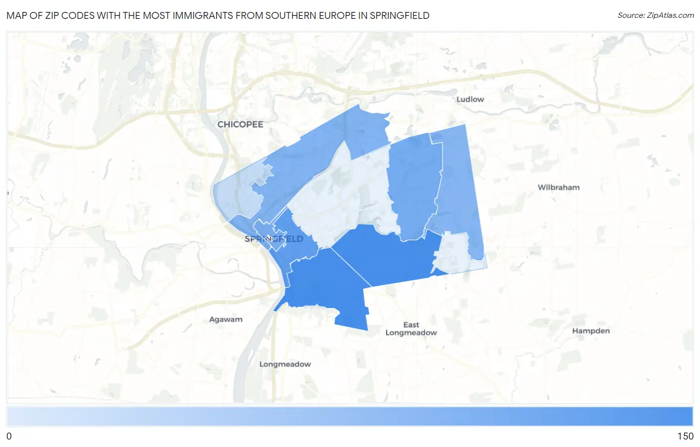 Zip Codes with the Most Immigrants from Southern Europe in Springfield Map