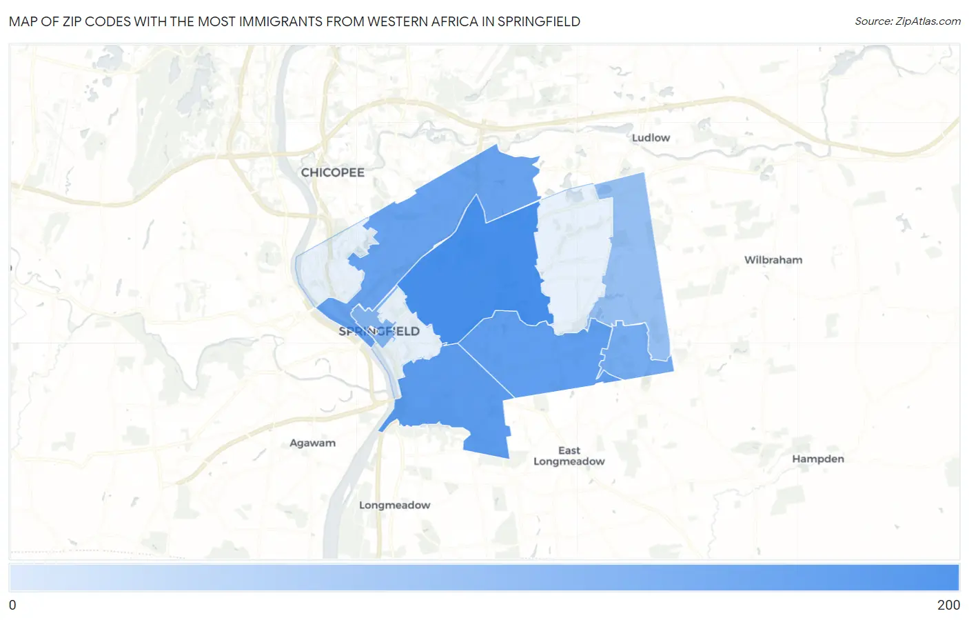 Zip Codes with the Most Immigrants from Western Africa in Springfield Map