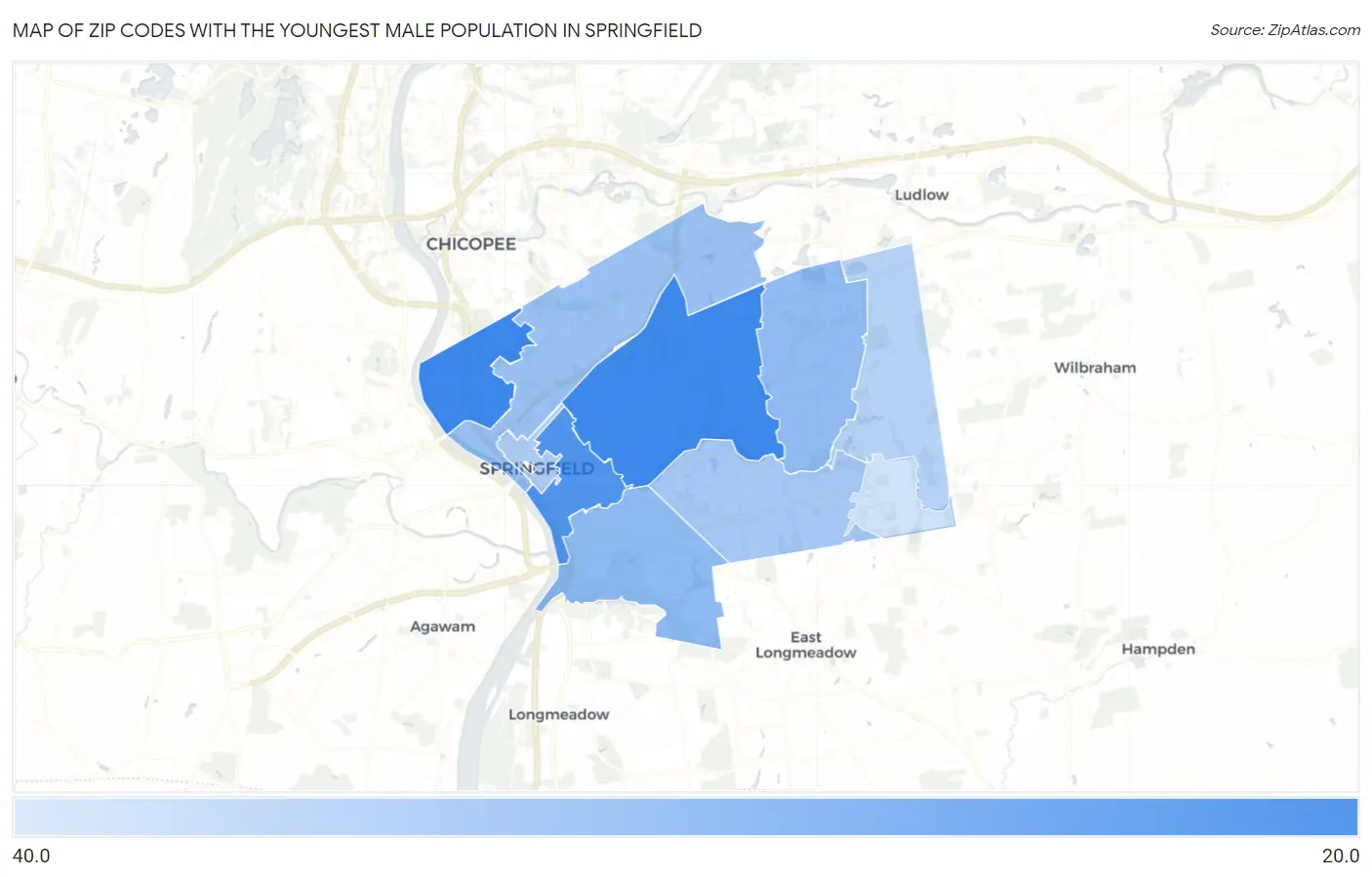 Zip Codes with the Youngest Male Population in Springfield Map