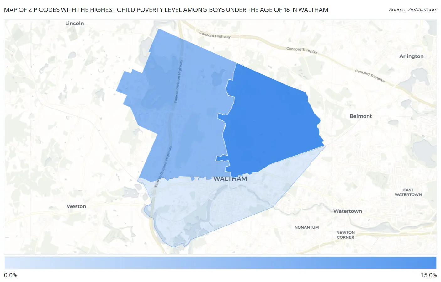 Zip Codes with the Highest Child Poverty Level Among Boys Under the Age of 16 in Waltham Map