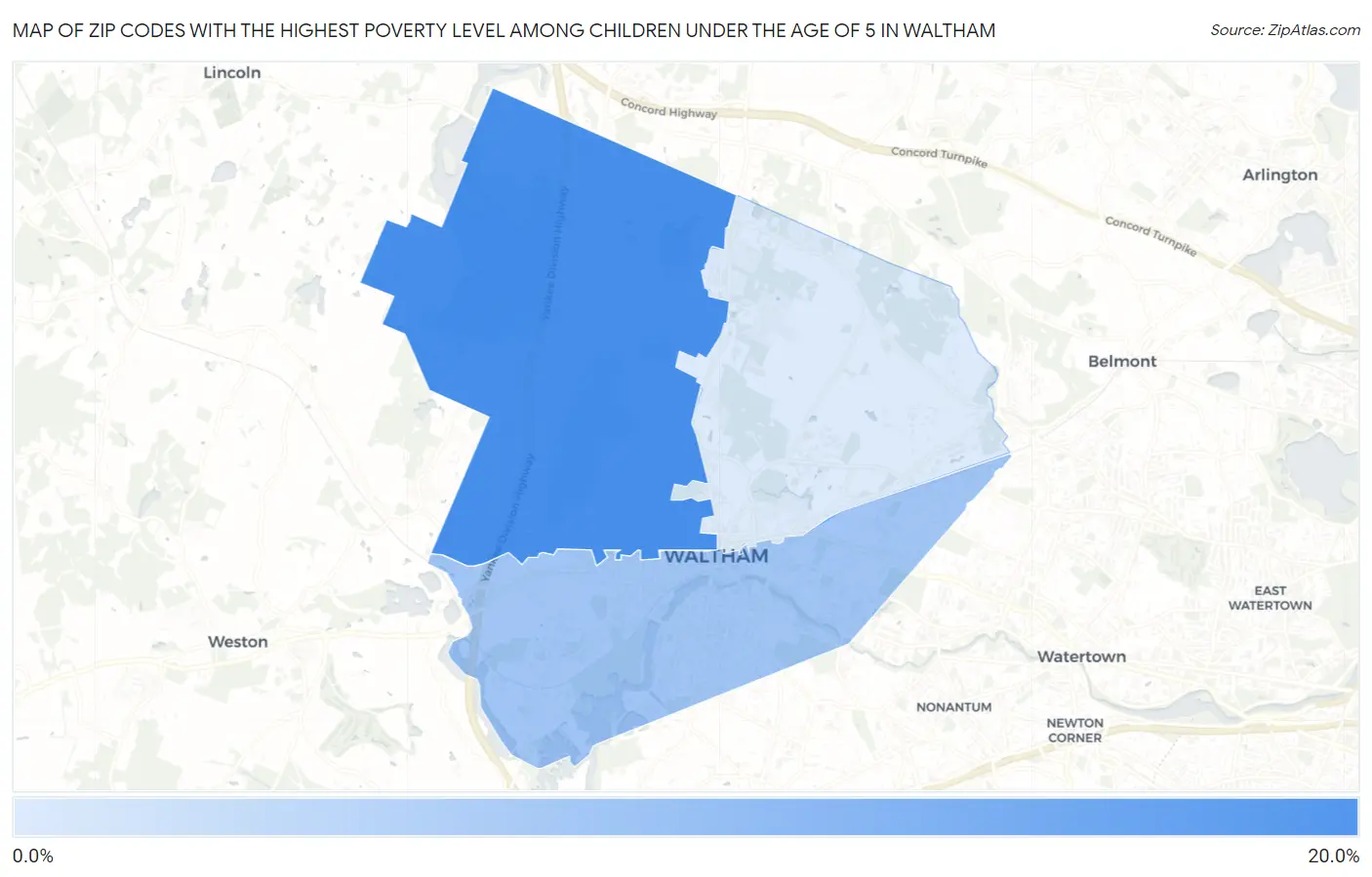 Zip Codes with the Highest Poverty Level Among Children Under the Age of 5 in Waltham Map