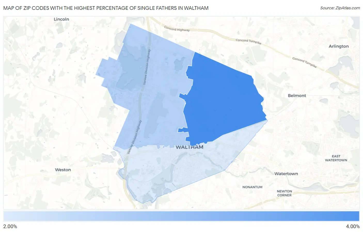 Zip Codes with the Highest Percentage of Single Fathers in Waltham Map