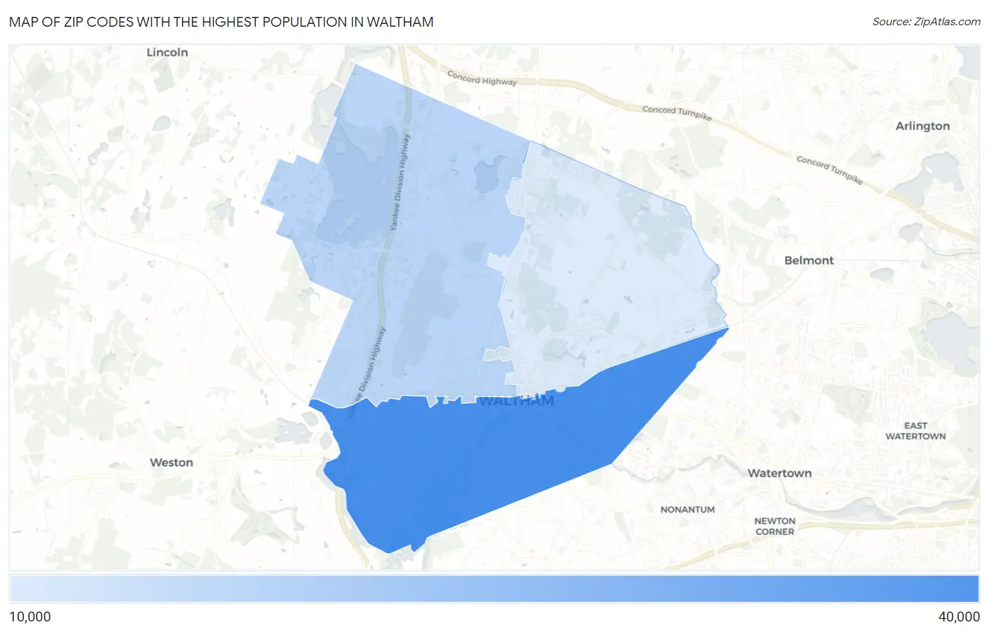 Zip Codes with the Highest Population in Waltham Map