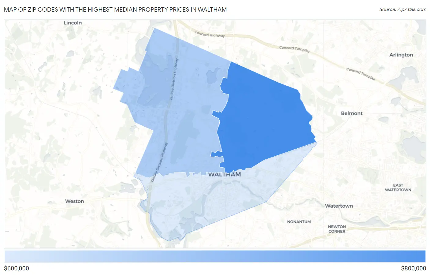 Zip Codes with the Highest Median Property Prices in Waltham Map