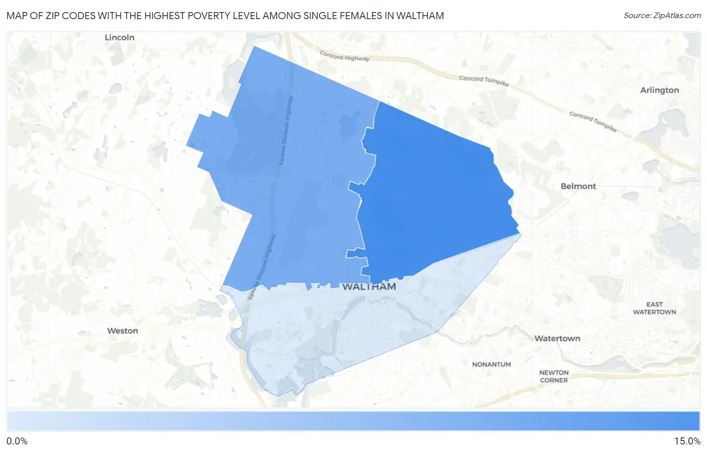 Zip Codes with the Highest Poverty Level Among Single Females in Waltham Map