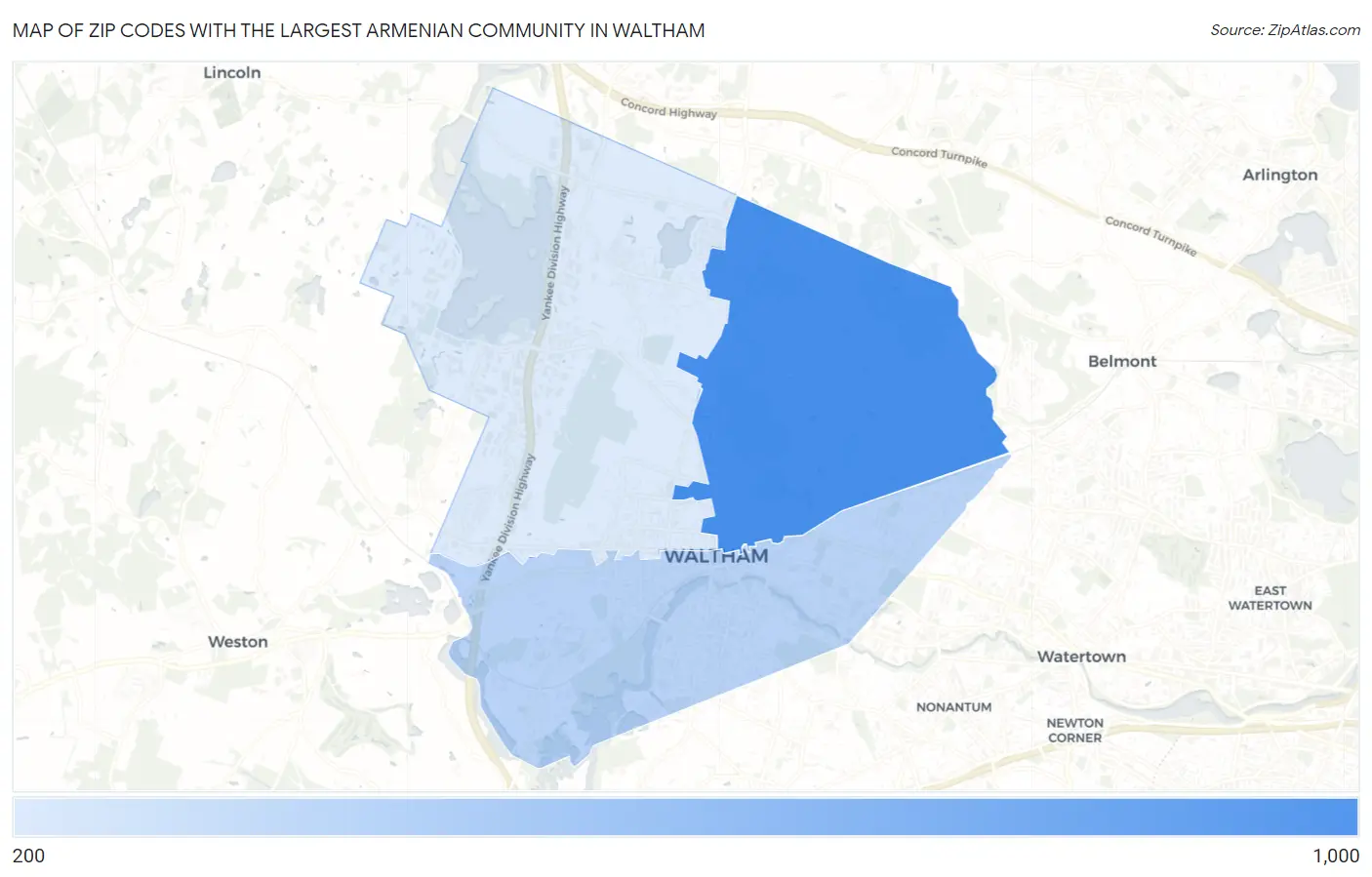 Zip Codes with the Largest Armenian Community in Waltham Map