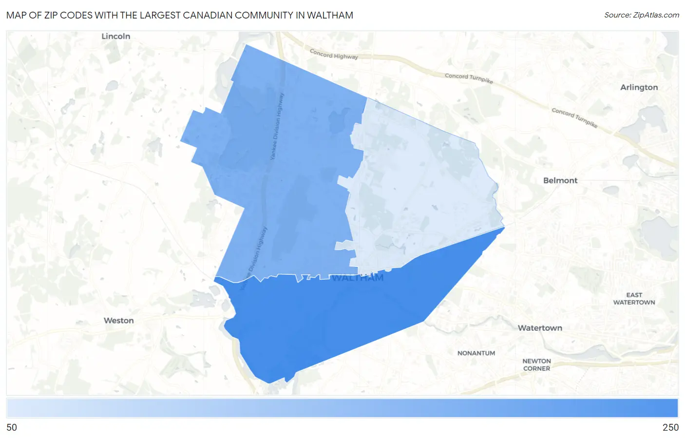 Zip Codes with the Largest Canadian Community in Waltham Map
