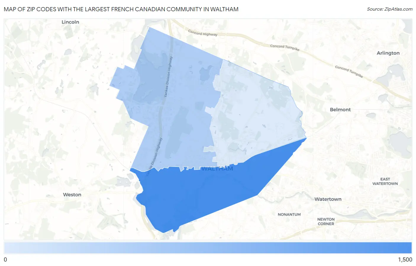 Zip Codes with the Largest French Canadian Community in Waltham Map