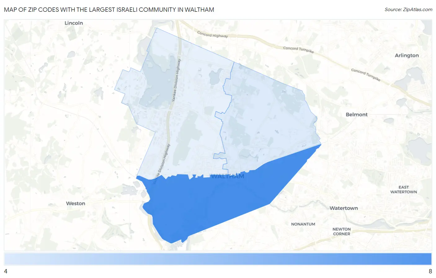 Zip Codes with the Largest Israeli Community in Waltham Map