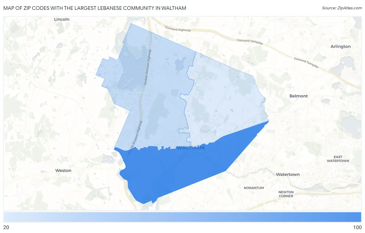 Zip Codes with the Largest Lebanese Community in Waltham Map
