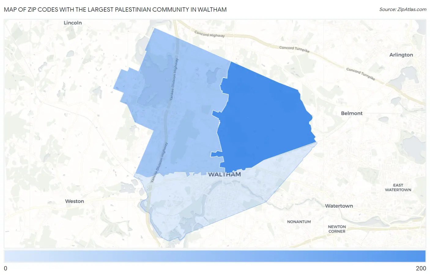 Zip Codes with the Largest Palestinian Community in Waltham Map