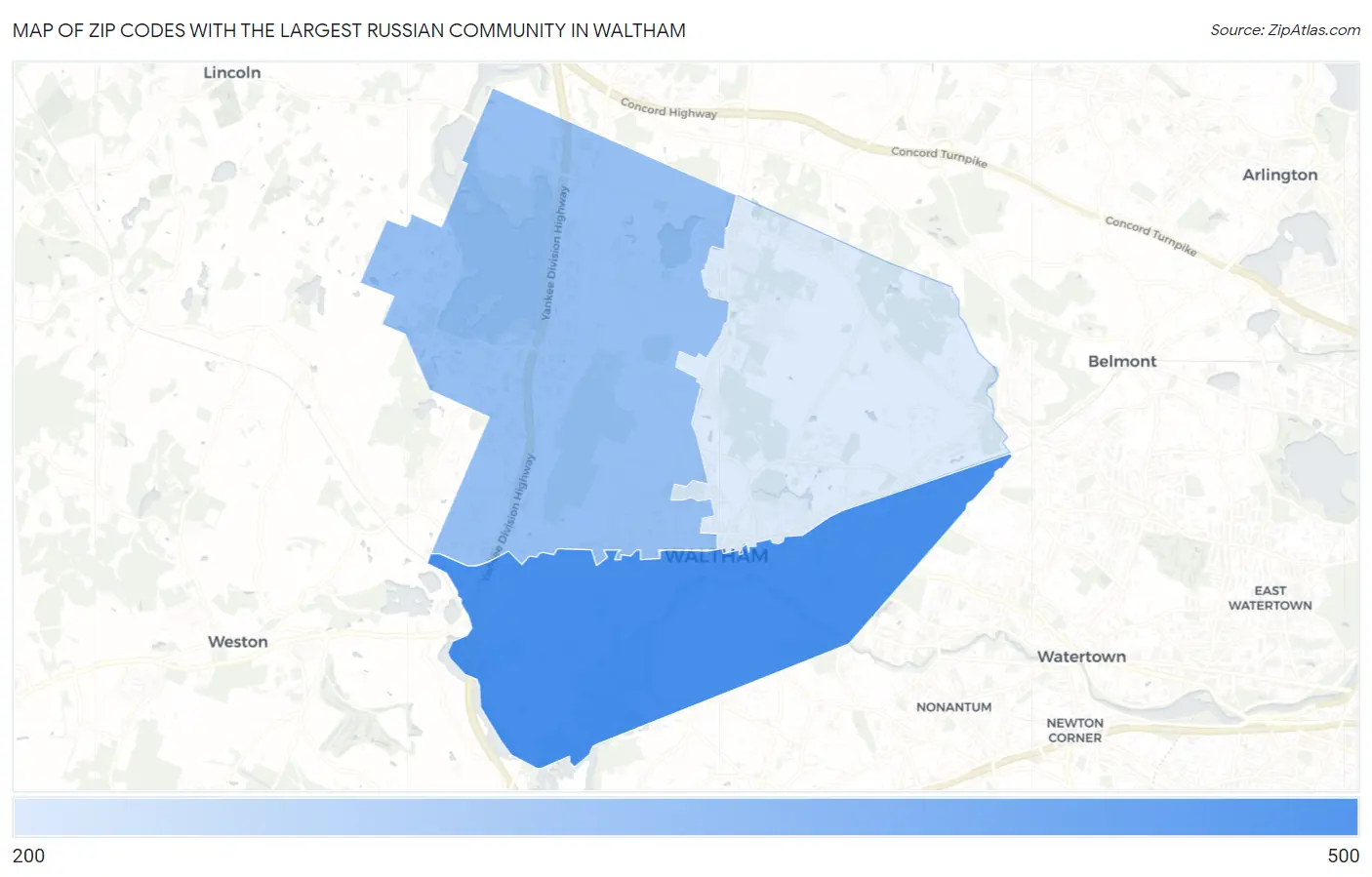 Zip Codes with the Largest Russian Community in Waltham Map
