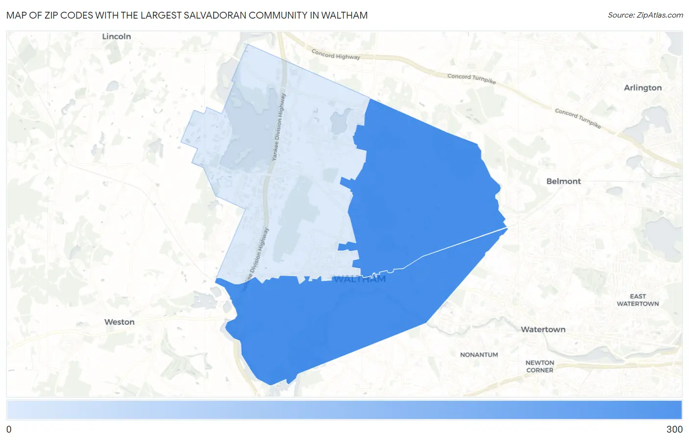 Zip Codes with the Largest Salvadoran Community in Waltham Map