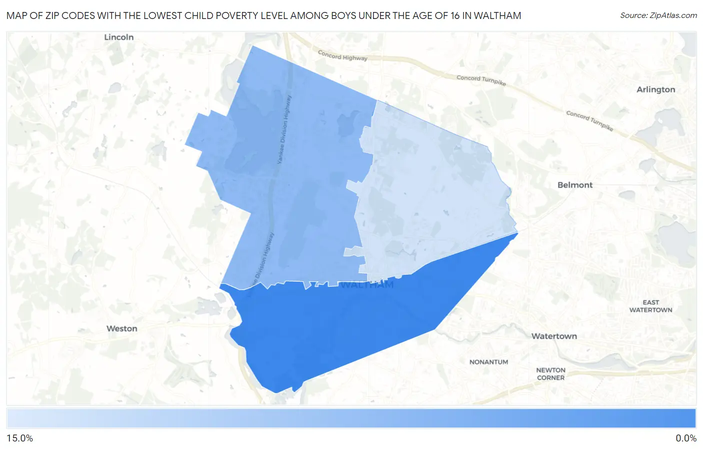 Zip Codes with the Lowest Child Poverty Level Among Boys Under the Age of 16 in Waltham Map