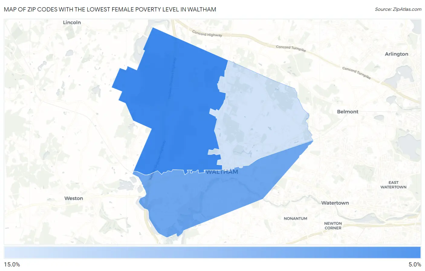 Zip Codes with the Lowest Female Poverty Level in Waltham Map