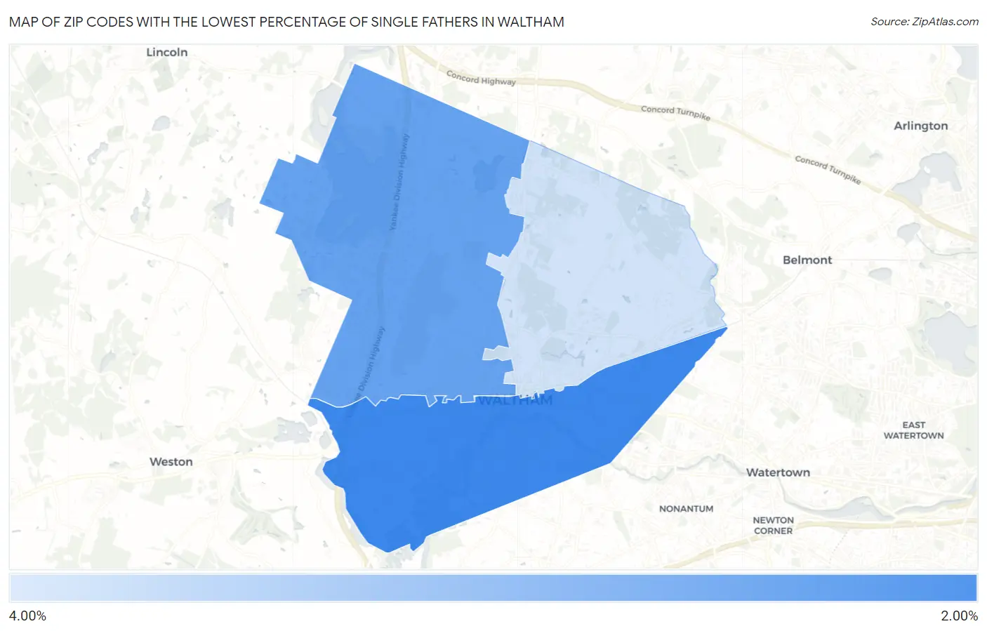 Zip Codes with the Lowest Percentage of Single Fathers in Waltham Map