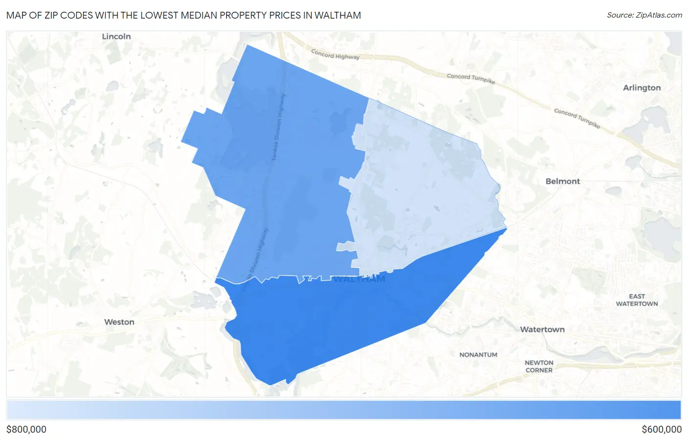 Zip Codes with the Lowest Median Property Prices in Waltham Map