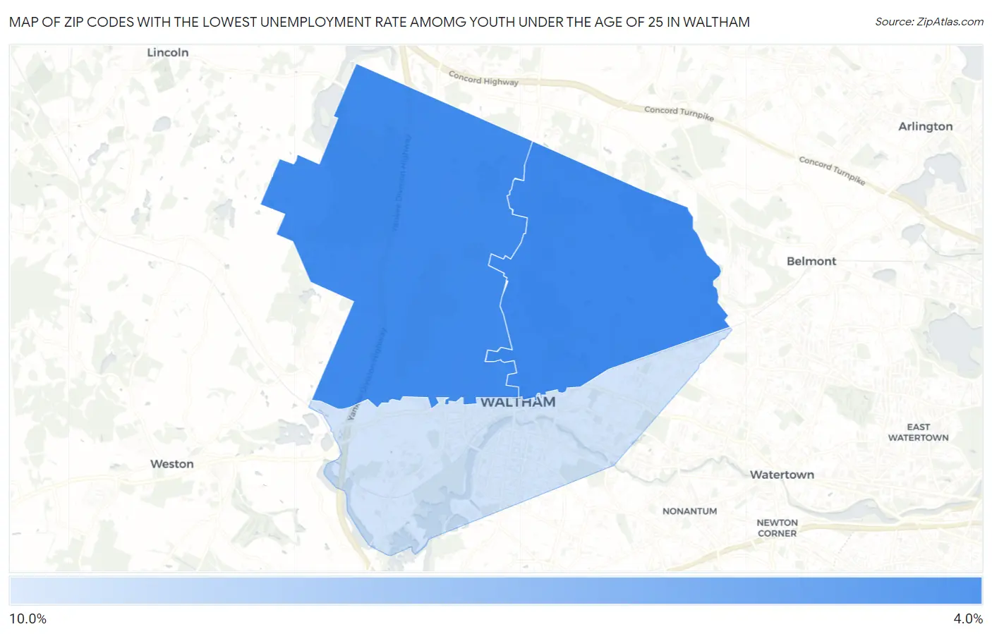 Zip Codes with the Lowest Unemployment Rate Amomg Youth Under the Age of 25 in Waltham Map