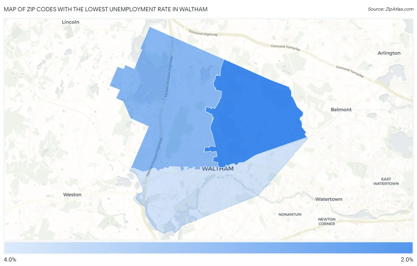 Zip Codes with the Lowest Unemployment Rate in Waltham Map