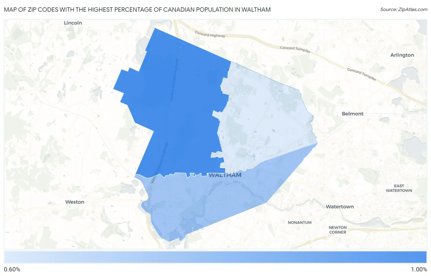 Zip Codes with the Highest Percentage of Canadian Population in Waltham Map