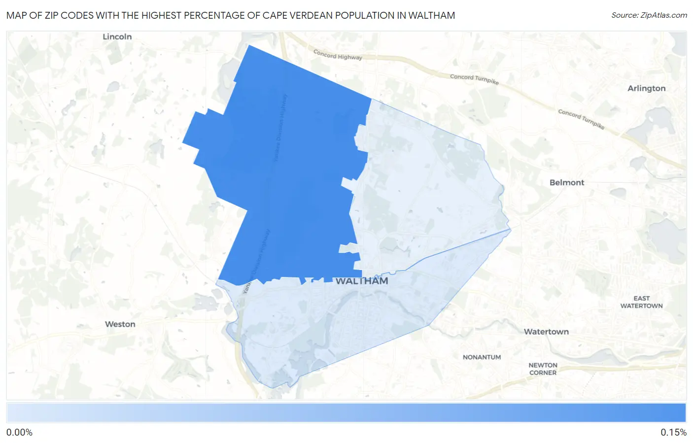 Zip Codes with the Highest Percentage of Cape Verdean Population in Waltham Map