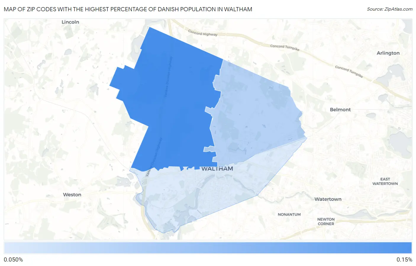 Zip Codes with the Highest Percentage of Danish Population in Waltham Map