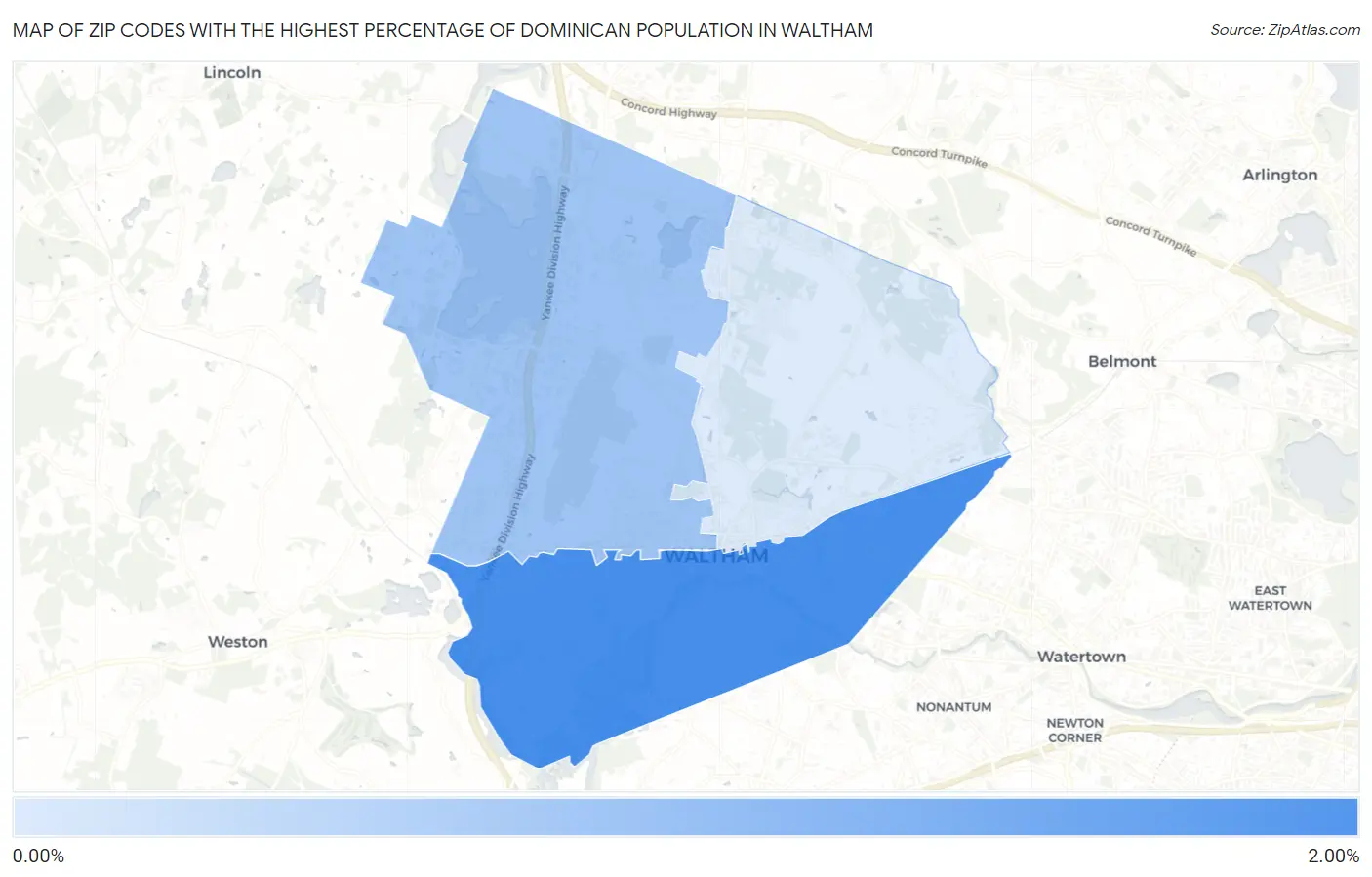 Zip Codes with the Highest Percentage of Dominican Population in Waltham Map