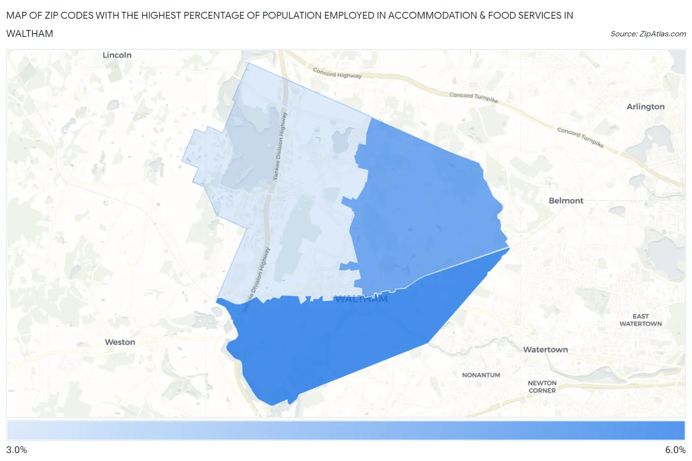 Zip Codes with the Highest Percentage of Population Employed in Accommodation & Food Services in Waltham Map