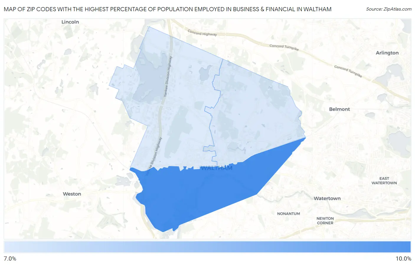 Zip Codes with the Highest Percentage of Population Employed in Business & Financial in Waltham Map