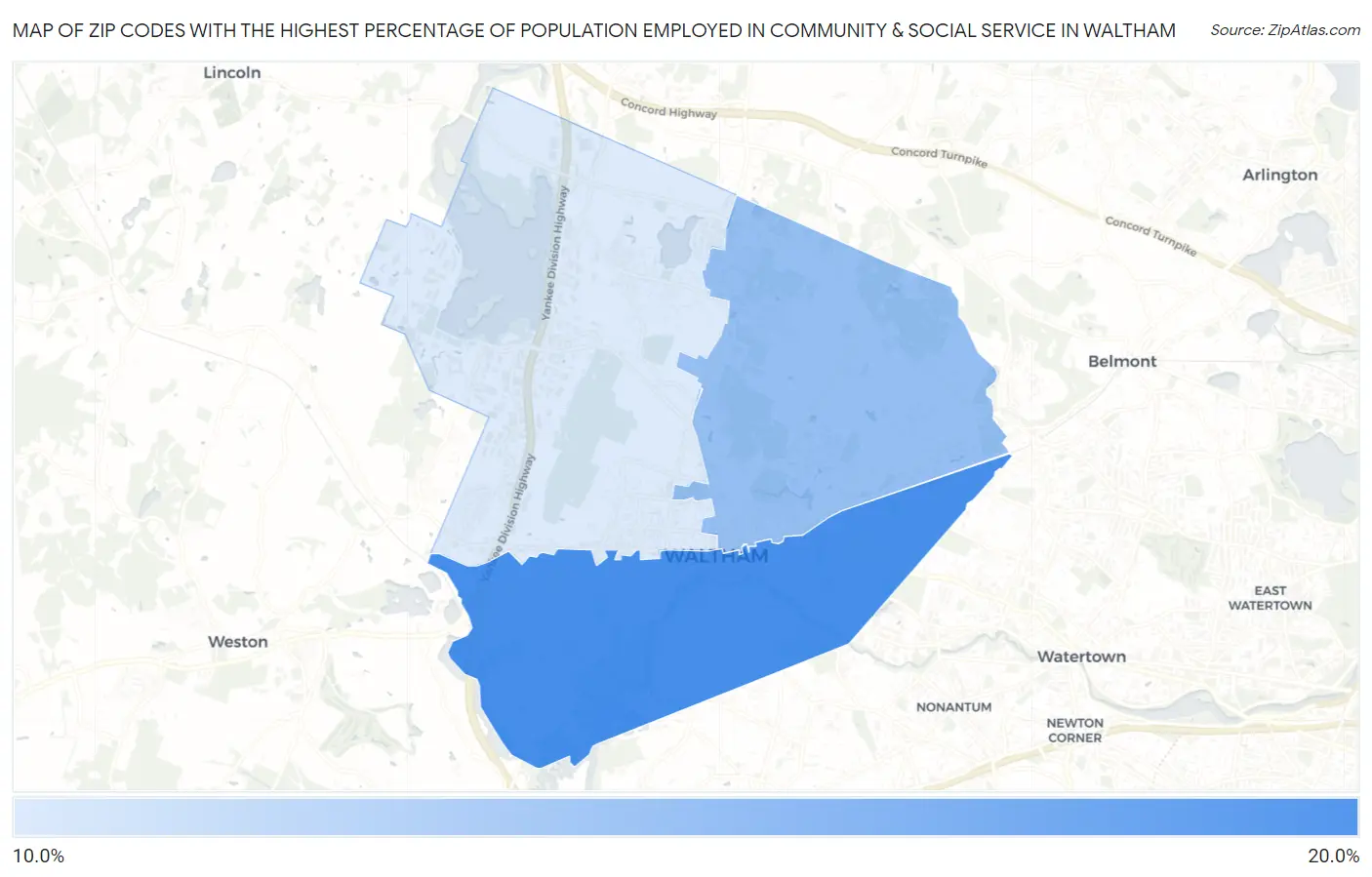 Zip Codes with the Highest Percentage of Population Employed in Community & Social Service  in Waltham Map