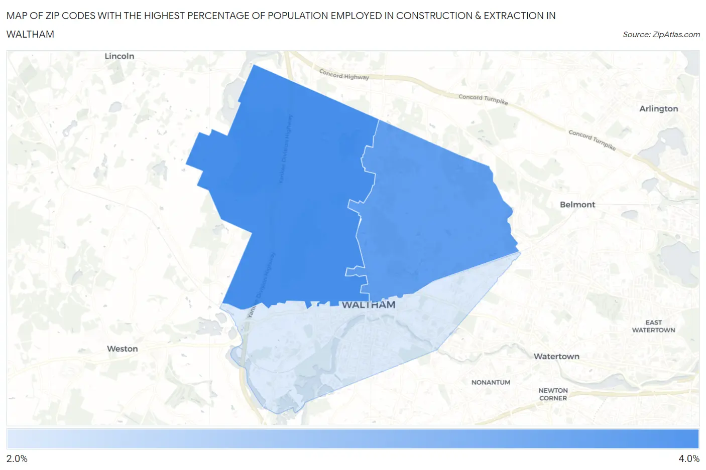 Zip Codes with the Highest Percentage of Population Employed in Construction & Extraction in Waltham Map
