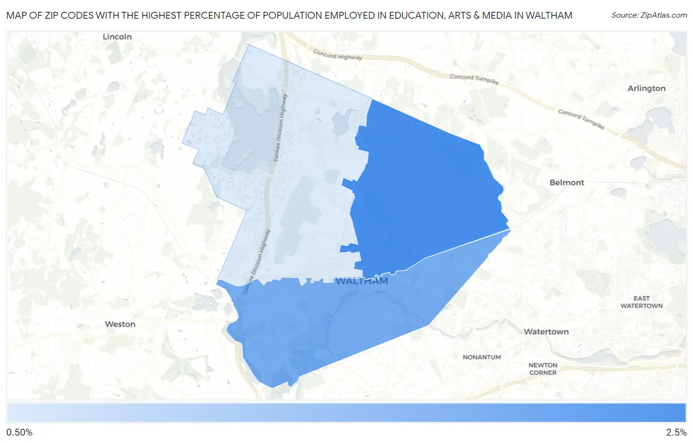 Zip Codes with the Highest Percentage of Population Employed in Education, Arts & Media in Waltham Map