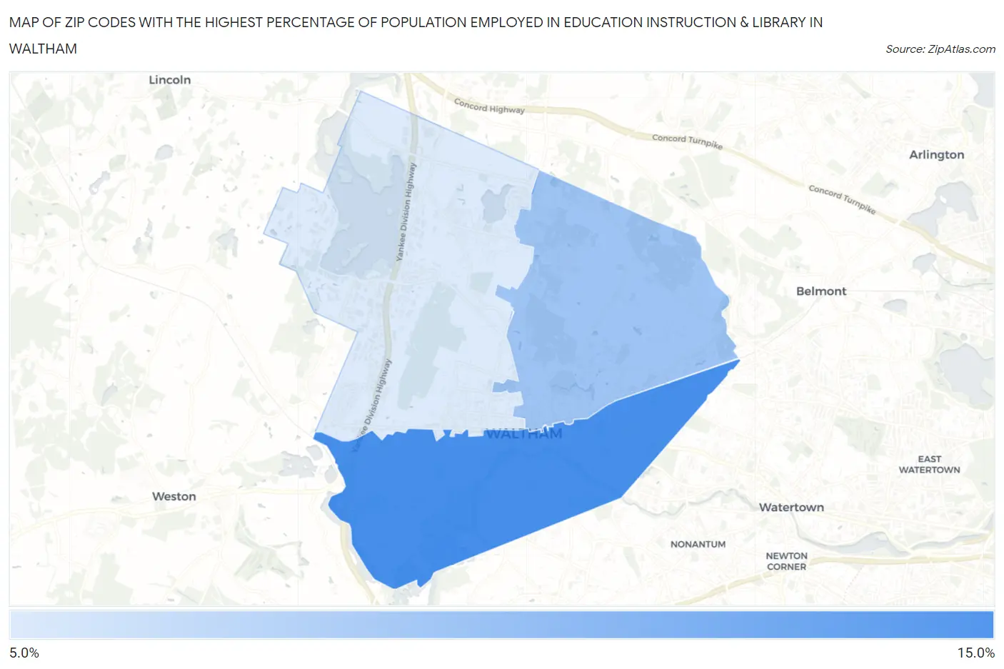 Zip Codes with the Highest Percentage of Population Employed in Education Instruction & Library in Waltham Map