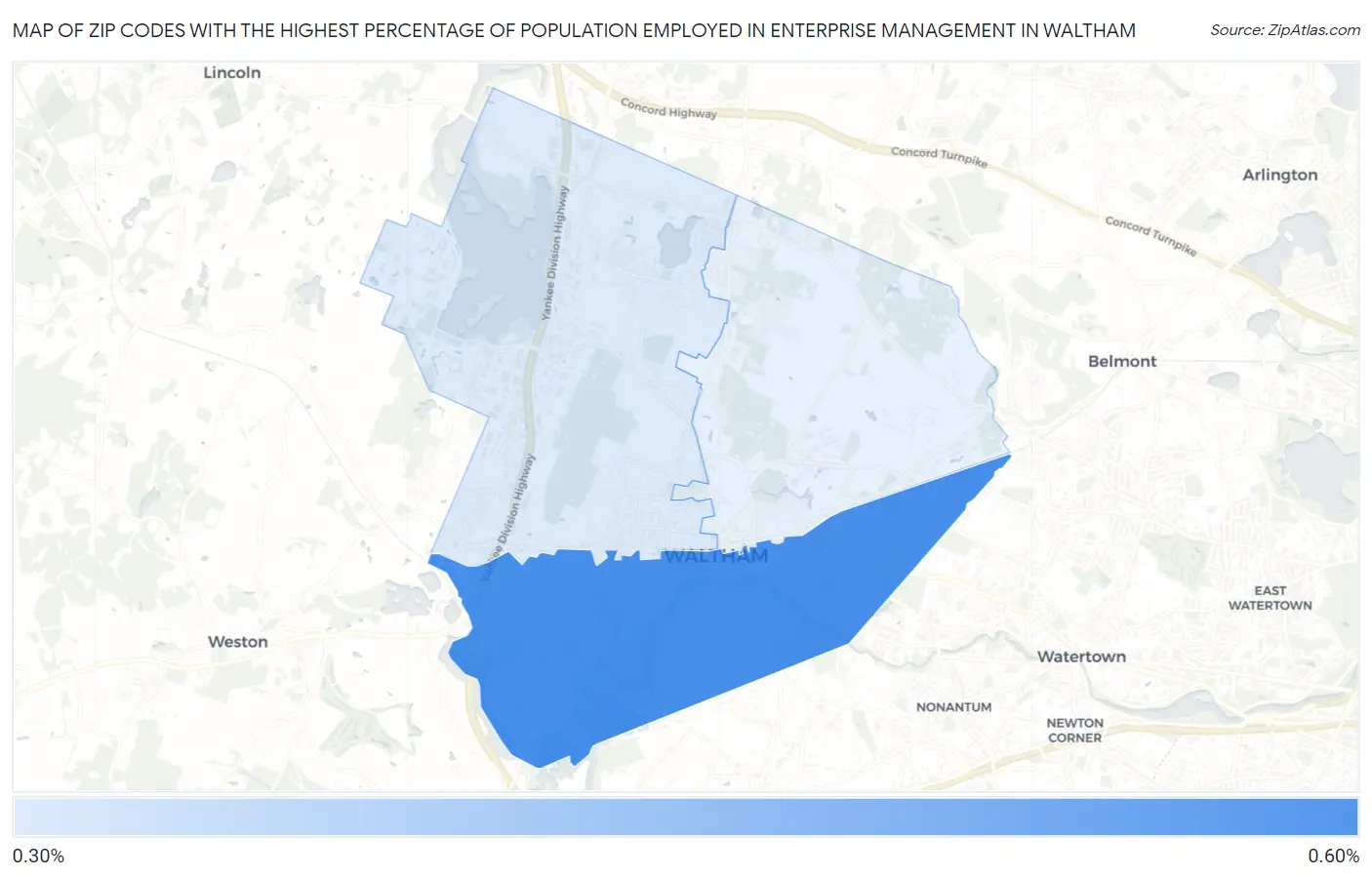 Zip Codes with the Highest Percentage of Population Employed in Enterprise Management in Waltham Map