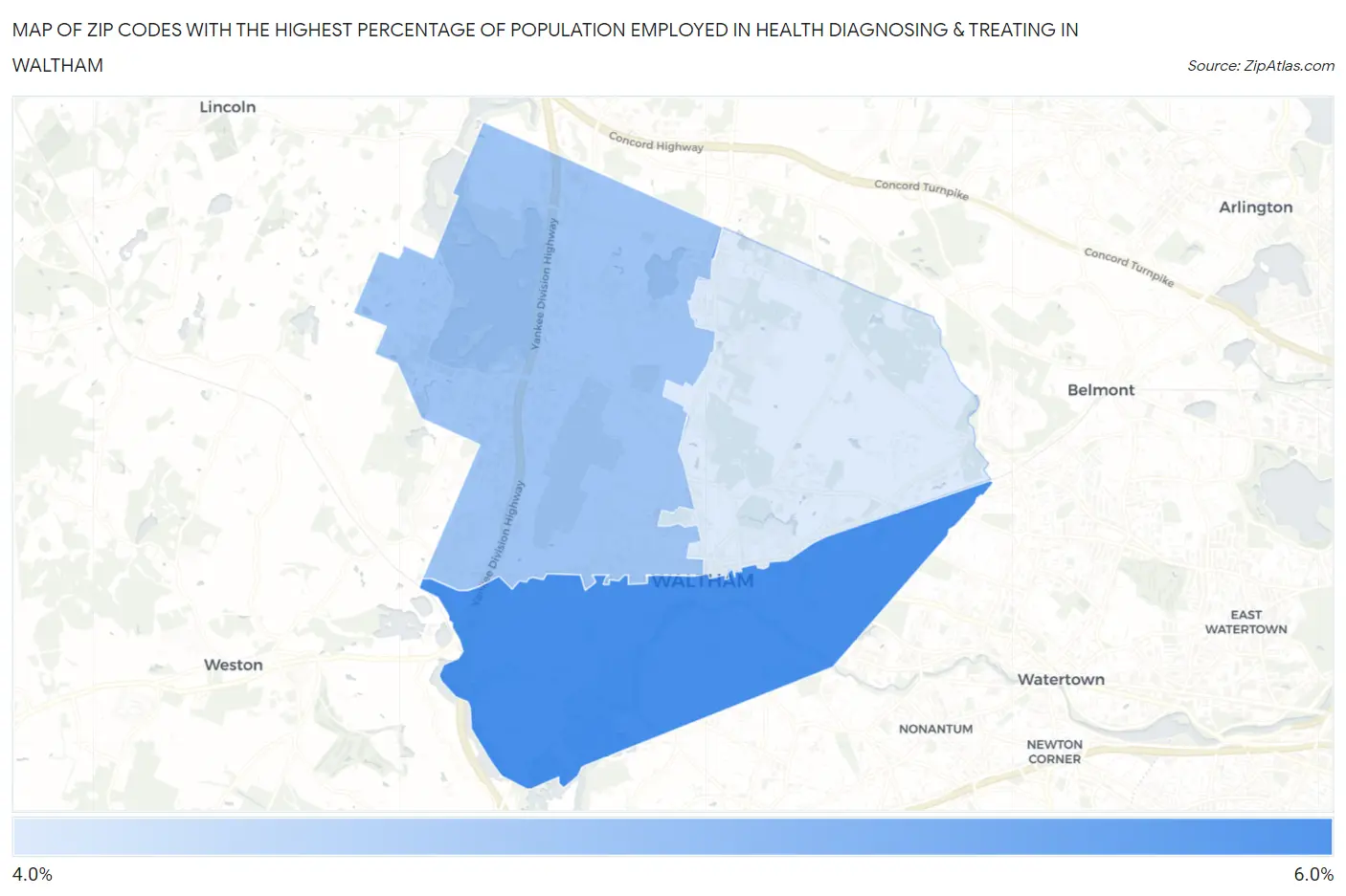 Zip Codes with the Highest Percentage of Population Employed in Health Diagnosing & Treating in Waltham Map