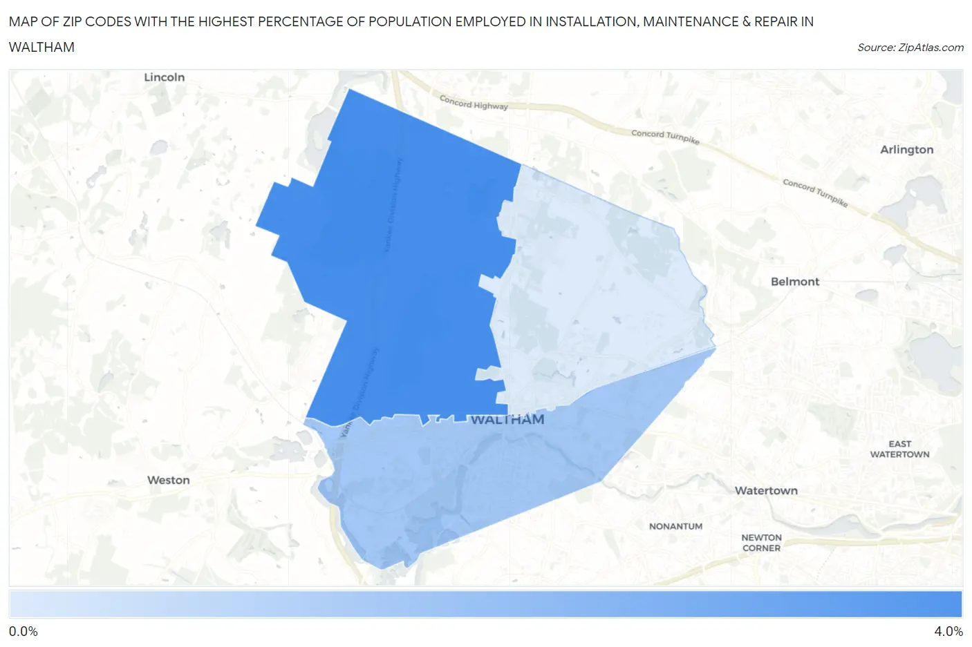 Zip Codes with the Highest Percentage of Population Employed in Installation, Maintenance & Repair in Waltham Map