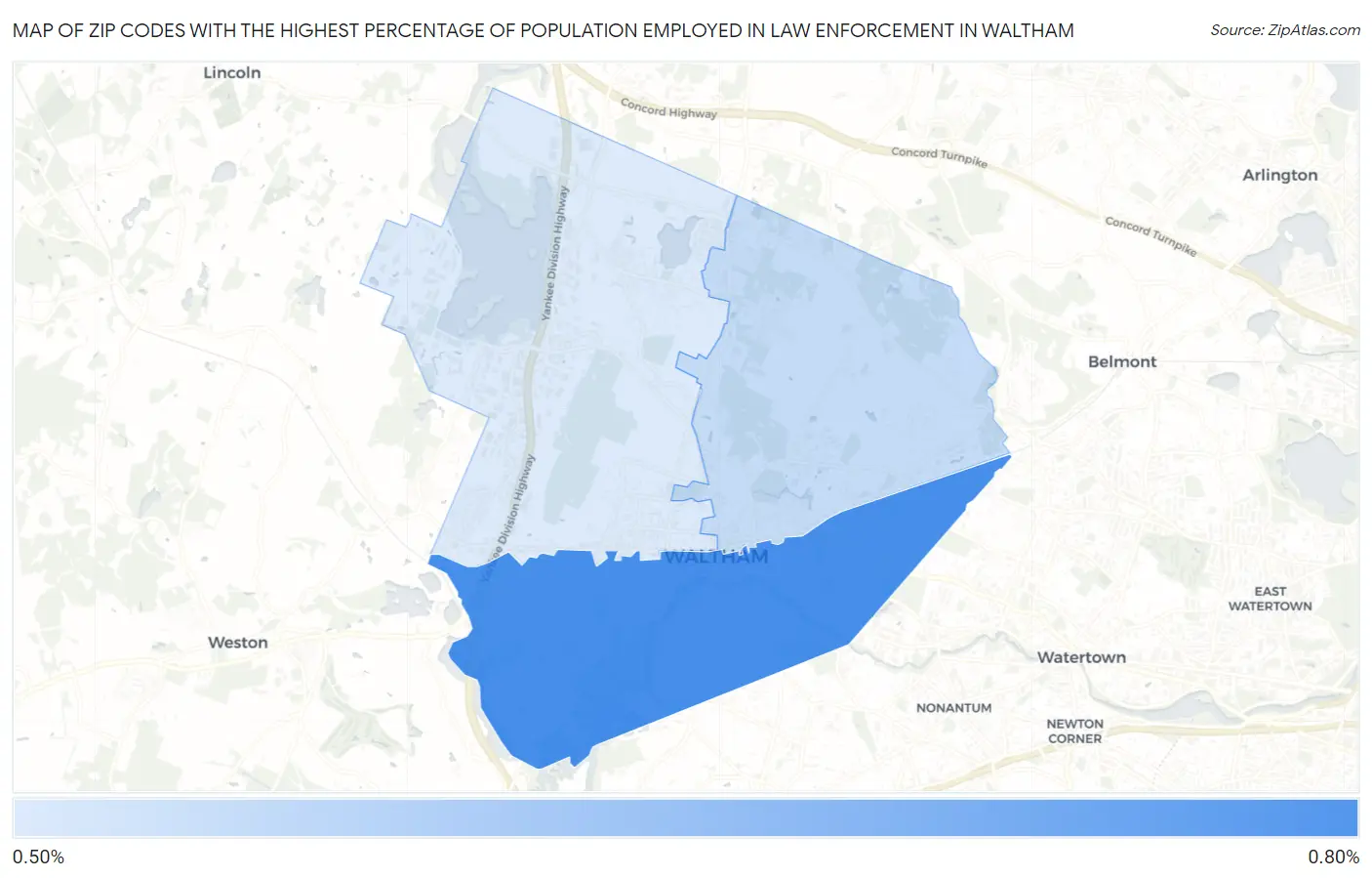 Zip Codes with the Highest Percentage of Population Employed in Law Enforcement in Waltham Map